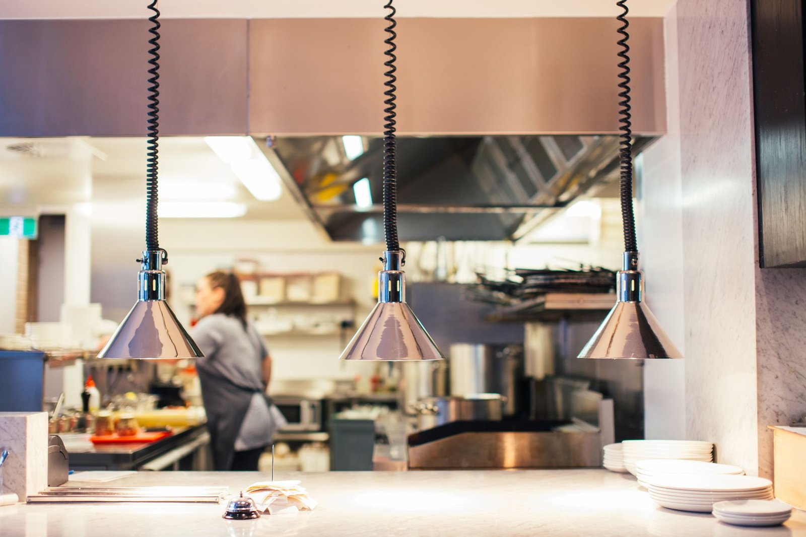 Commercial kitchen with stainless steel equipment